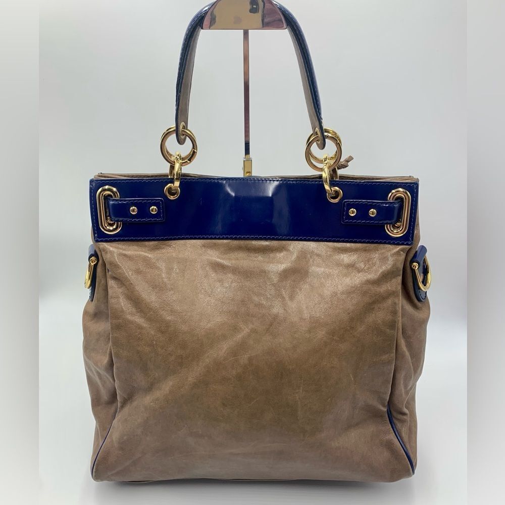 Auth Balenciaga Smooth Brown Leather Navy Patent Top Handle Moon Bag Preloved - Picture 4 of 14